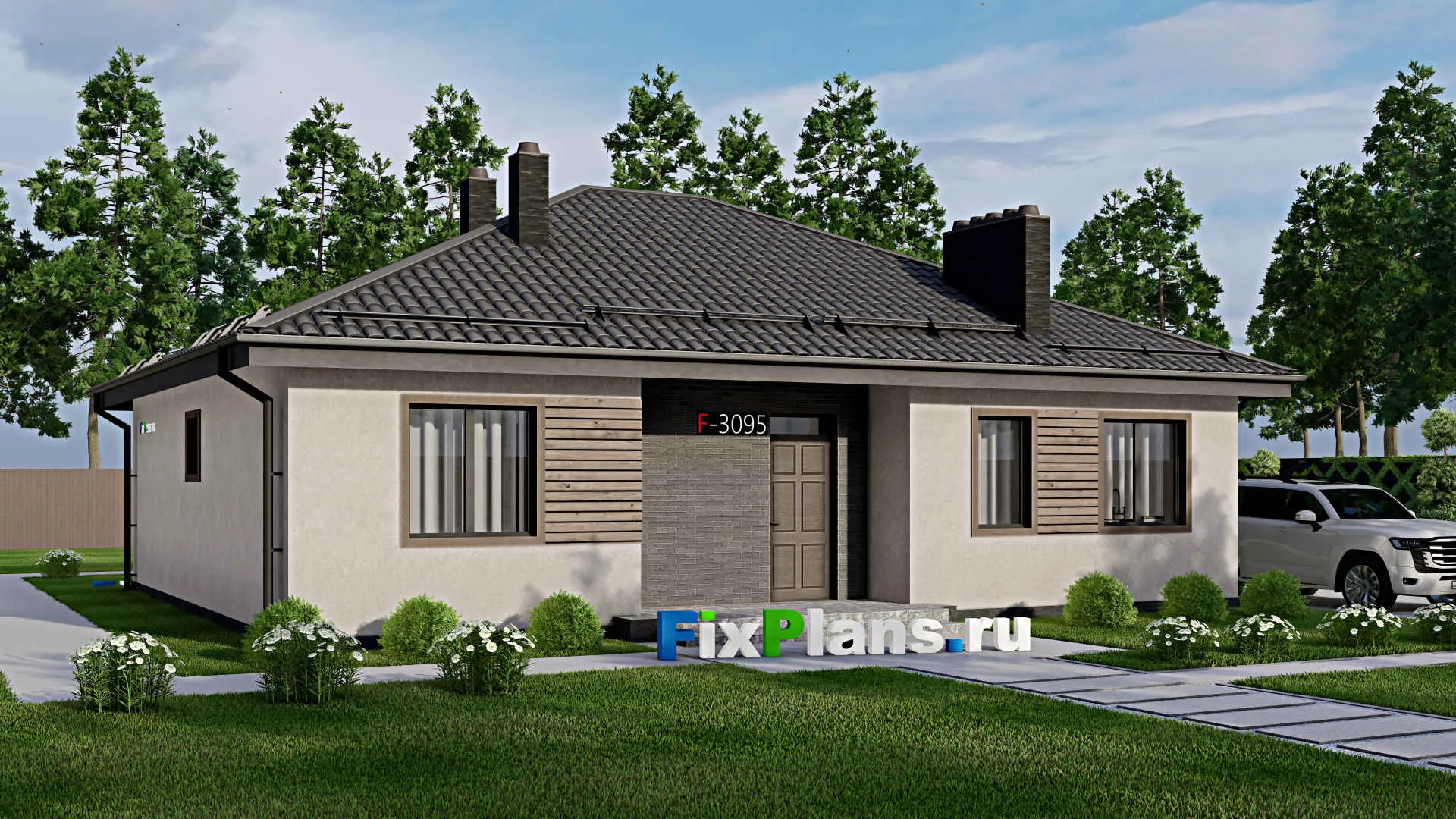 F-3095 - Проект одноэтажного дома 12 на 14, площадью 140 м² с террасой и 3 спальнями