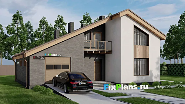 Проект дома с мансардой 12 на 16, площадью 190 м² с террасой, балконом, гаражом на 1 машину и 4 спальнями