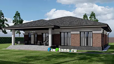 Проект одноэтажного дома 21 на 24, площадью 270 м² с террасой, гаражом на 2 машины и 4 спальнями — фасад 2