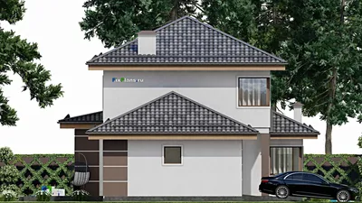 Проект двухэтажного дома 14 на 17, площадью 220 м² с террасой, гаражом на 1 машину и 3 спальнями — фасад 4