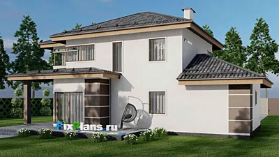 Проект двухэтажного дома 14 на 17, площадью 220 м² с террасой, гаражом на 1 машину и 3 спальнями — фасад 2