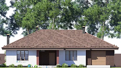 Проект одноэтажного дома 14 на 19, площадью 180 м² с террасой, гаражом на 2 машины и 3 спальнями — фасад 3