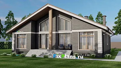 Проект одноэтажного дома 14 на 16, площадью 320 м² с террасой, цокольным этажом и 4 спальнями — фасад 2