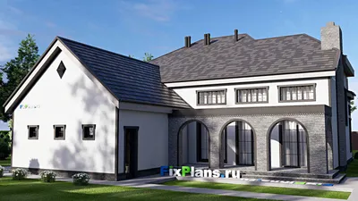 Проект двухэтажного дома 16 на 21, площадью 280 м² с террасой, балконом, гаражом на 2 машины и 4 спальнями — фасад 2