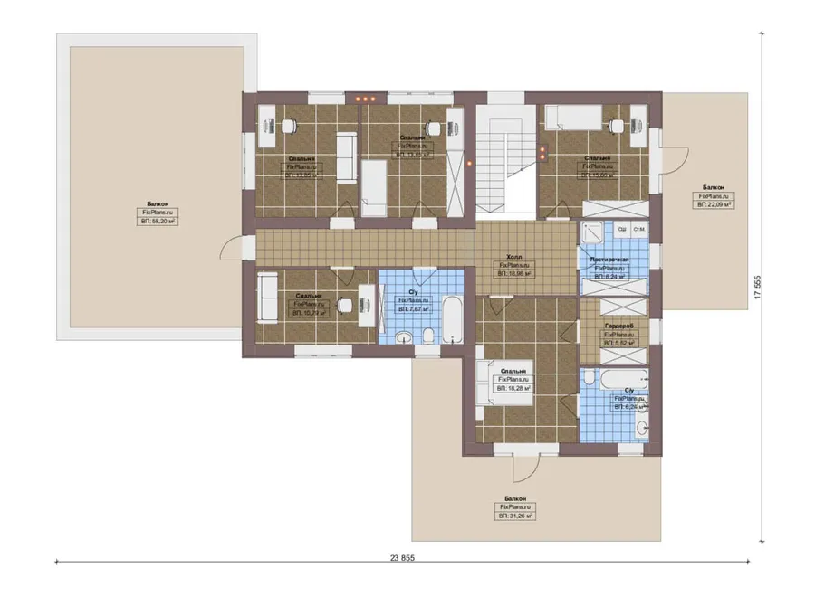 Проект двухэтажного дома 18 на 24, площадью 490 м² с террасой, балконом, гаражом на 2 машины и 6 спальнями — 2-й этаж