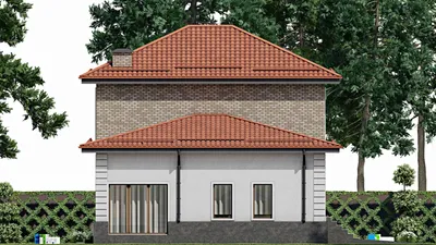 Проект двухэтажного дома 11 на 13, площадью 210 м² с террасой, балконом, цокольным этажом, гаражом на 1 машину и 4 спальнями — фасад 4