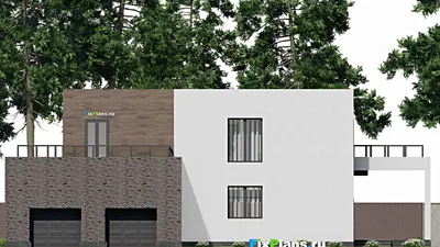 Проект двухэтажного дома 21 на 22, площадью 450 м² с террасой, баней, гаражом на 2 машины и 3 спальнями — фасад 6