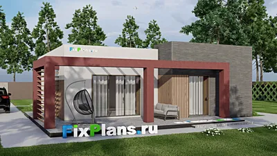 Проект одноэтажного дома 14 на 15, площадью 150 м² с террасой и 2 спальнями — фасад 2
