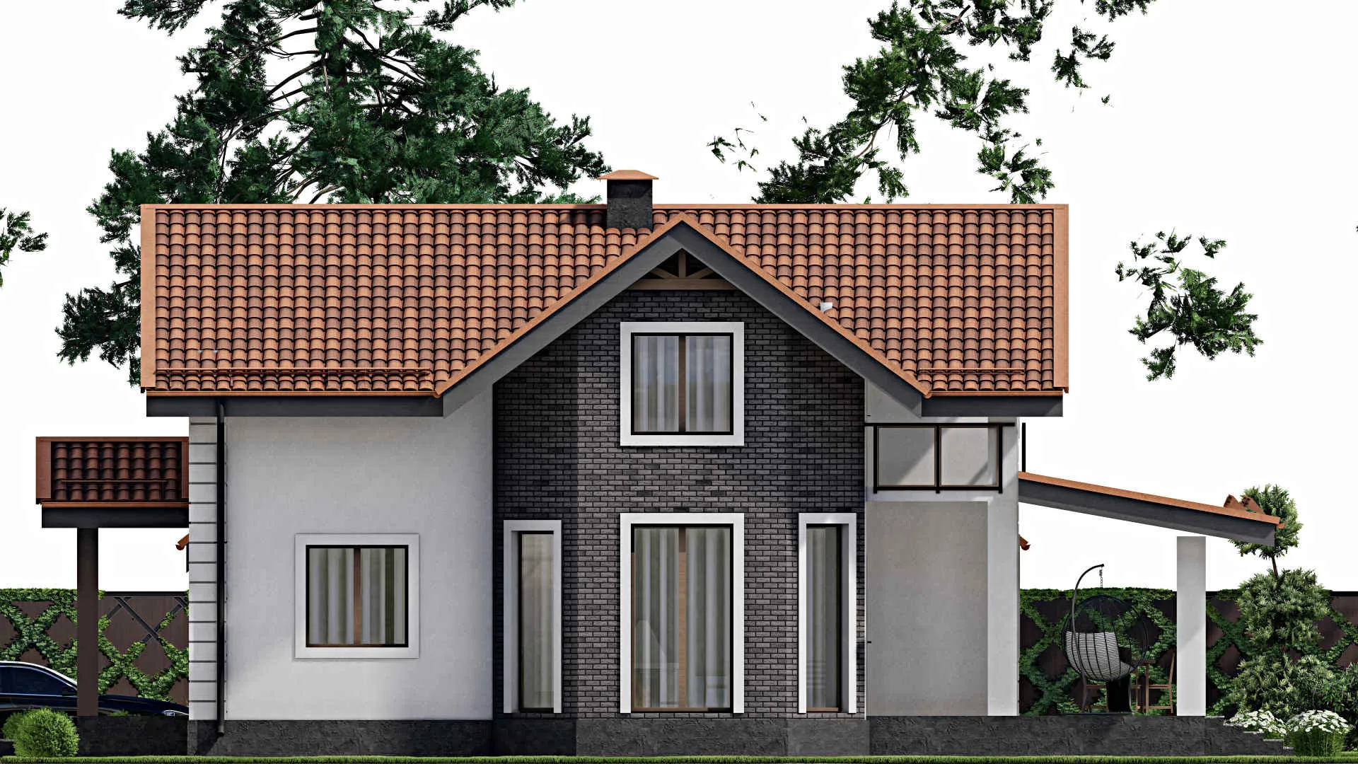 F-8783 - Проект дома с мансардой 14 на 16, площадью 250 м² с террасой, балконом, гаражом на 1 машину, спортзалом и 4 спальнями