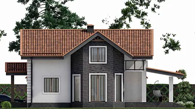 Проект дома с мансардой 14 на 16, площадью 250 м² с террасой, балконом, гаражом на 1 машину, спортзалом и 4 спальнями — фасад 5
