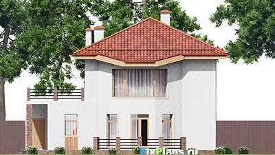 Проект двухэтажного дома 14 на 18, площадью 300 м² с террасой, балконом, гаражом на 1 машину и 4 спальнями — фасад 6