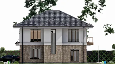 Проект двухэтажного дома 15 на 17, площадью 250 м² с террасой, балконом, гаражом на 2 машины и 4 спальнями — фасад 5
