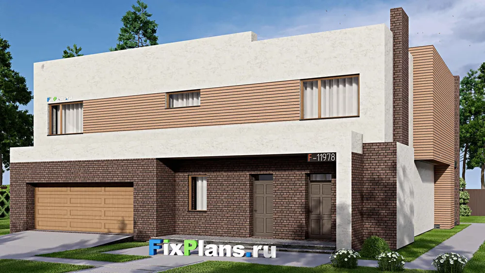 Проект двухэтажного дома 17 на 18, площадью 340 м² с террасой, балконом, гаражом на 2 машины и 3 спальнями — фасад 1