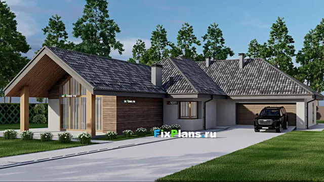 Проект одноэтажного дома 20 на 29, площадью 320 м² с террасой, гаражом на 2 машины и 4 спальнями