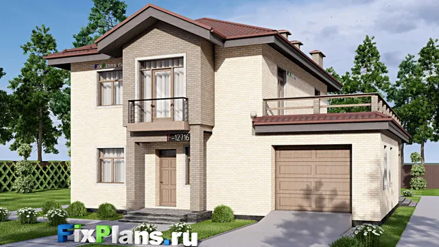 Проект двухэтажного дома 14 на 18, площадью 300 м² с террасой, балконом, гаражом на 1 машину и 3 спальнями
