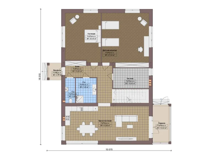 Проект дома с мансардой 16 на 17, площадью 260 м² с террасой и 1 спальнями — 1-й этаж