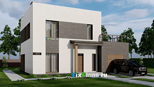 Проект двухэтажного дома 14 на 14, площадью 240 м² с террасой, балконом, гаражом на 1 машину и 3 спальнями