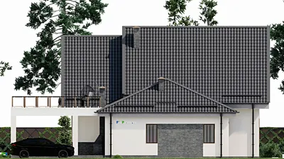 Проект дома с мансардой 15 на 15, площадью 350 м² с террасой, балконом и 4 спальнями — фасад 5