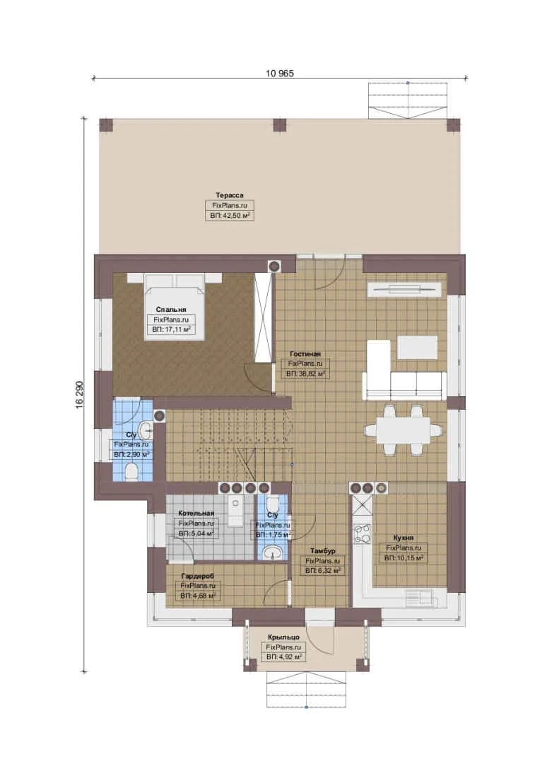 Проект двухэтажного дома 11 на 17, площадью 250 м² с террасой, балконом и 4 спальнями — 1-й этаж