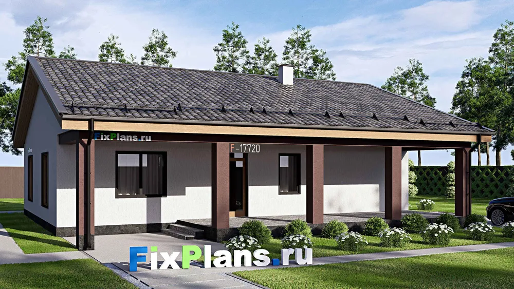 Проект одноэтажного дома 14 на 15, площадью 150 м² с террасой и 3 спальнями — фасад 1