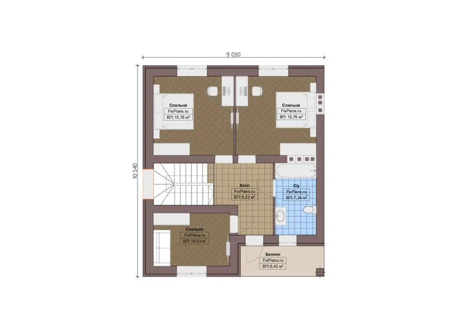 Проект дома с мансардой 11 на 14, площадью 180 м² с террасой, балконом, гаражом на 1 машину и 4 спальнями — 2-й этаж