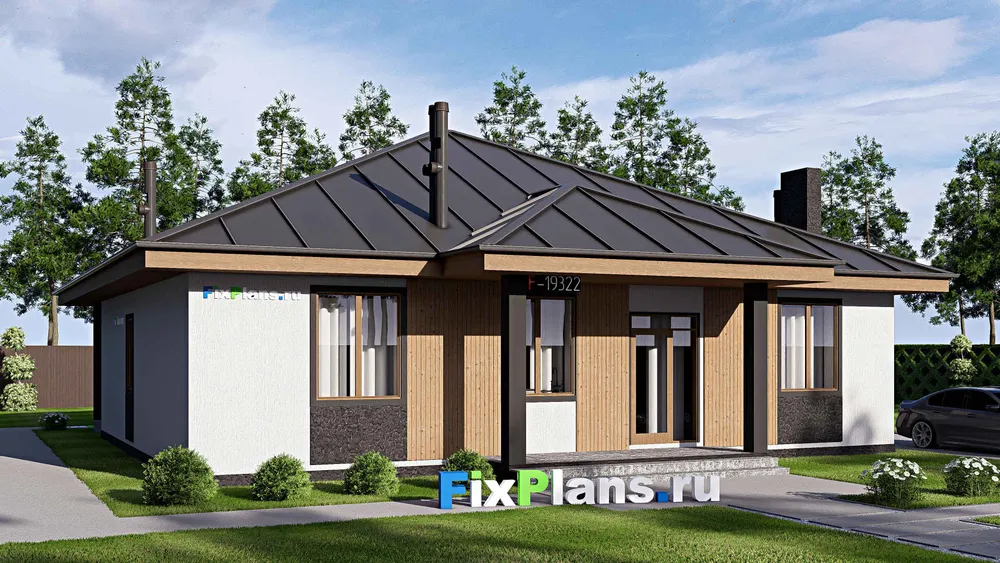 Проект одноэтажного дома 15 на 16, площадью 180 м² с террасой и 2 спальнями — фасад 1
