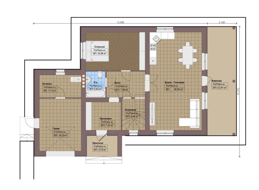 Проект двухэтажного дома 12 на 16, площадью 250 м² с террасой, балконом, гаражом на 1 машину и 4 спальнями — 1-й этаж