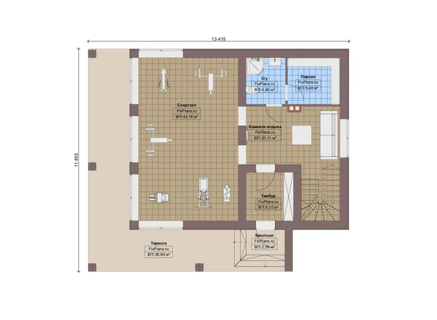 Проект двухэтажного дома 12 на 14, площадью 250 м² с террасой, балконом, баней, спортзалом и 2 спальнями — 1-й этаж