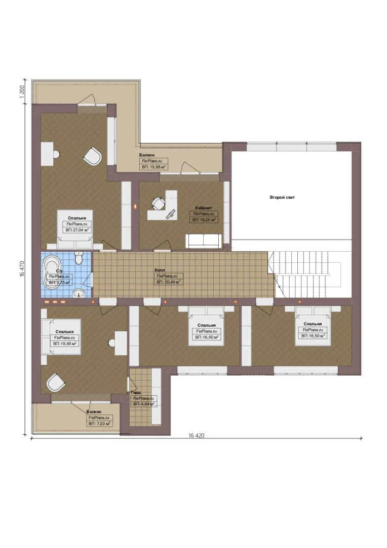 Проект двухэтажного дома 17 на 18, площадью 400 м² с террасой, балконом, гаражом на 2 машины и 4 спальнями — 2-й этаж