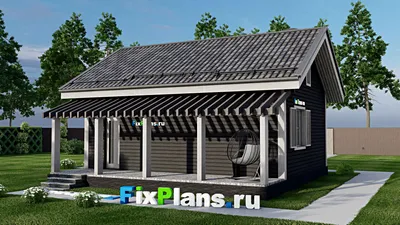 Проект одноэтажного дома 9 на 11, площадью 70 м² с террасой и 1 спальнями — фасад 2