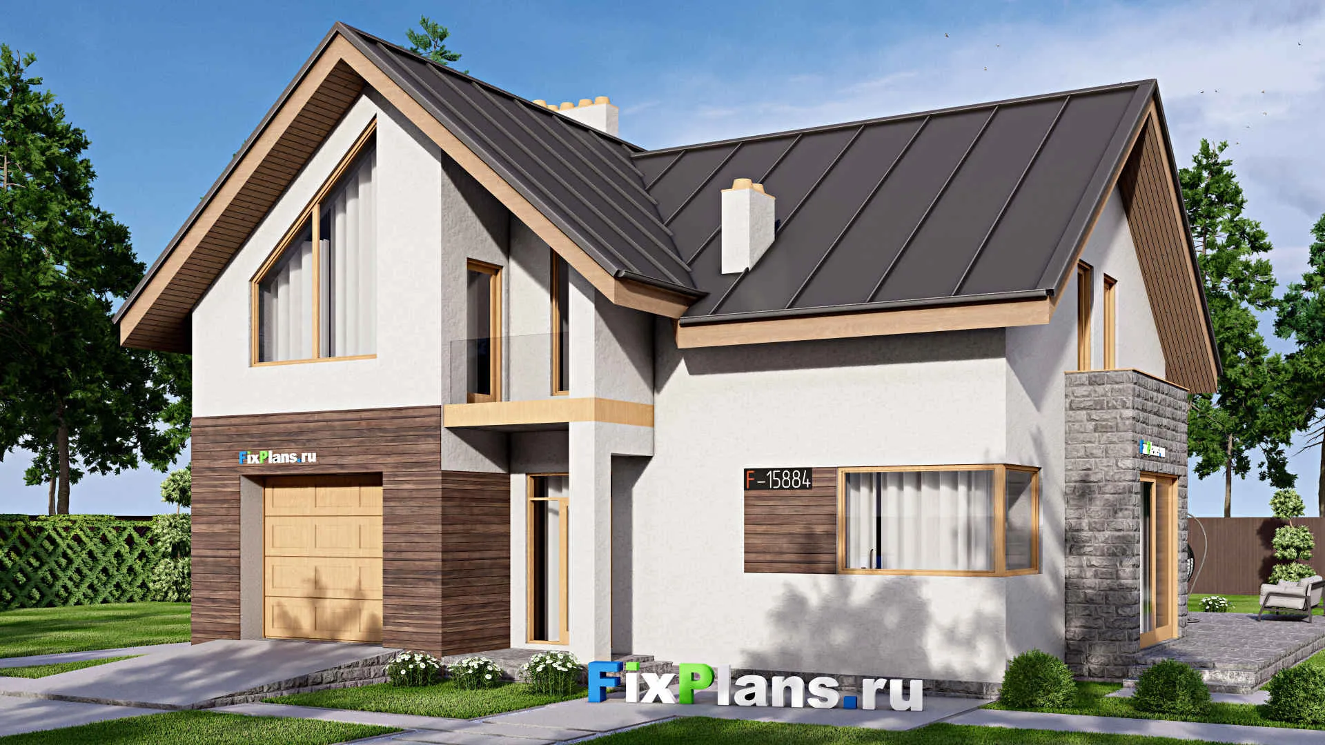 F-15884 - Проект дома с мансардой 16 на 17, площадью 300 м² с террасой, балконом, гаражом на 1 машину и 4 спальнями