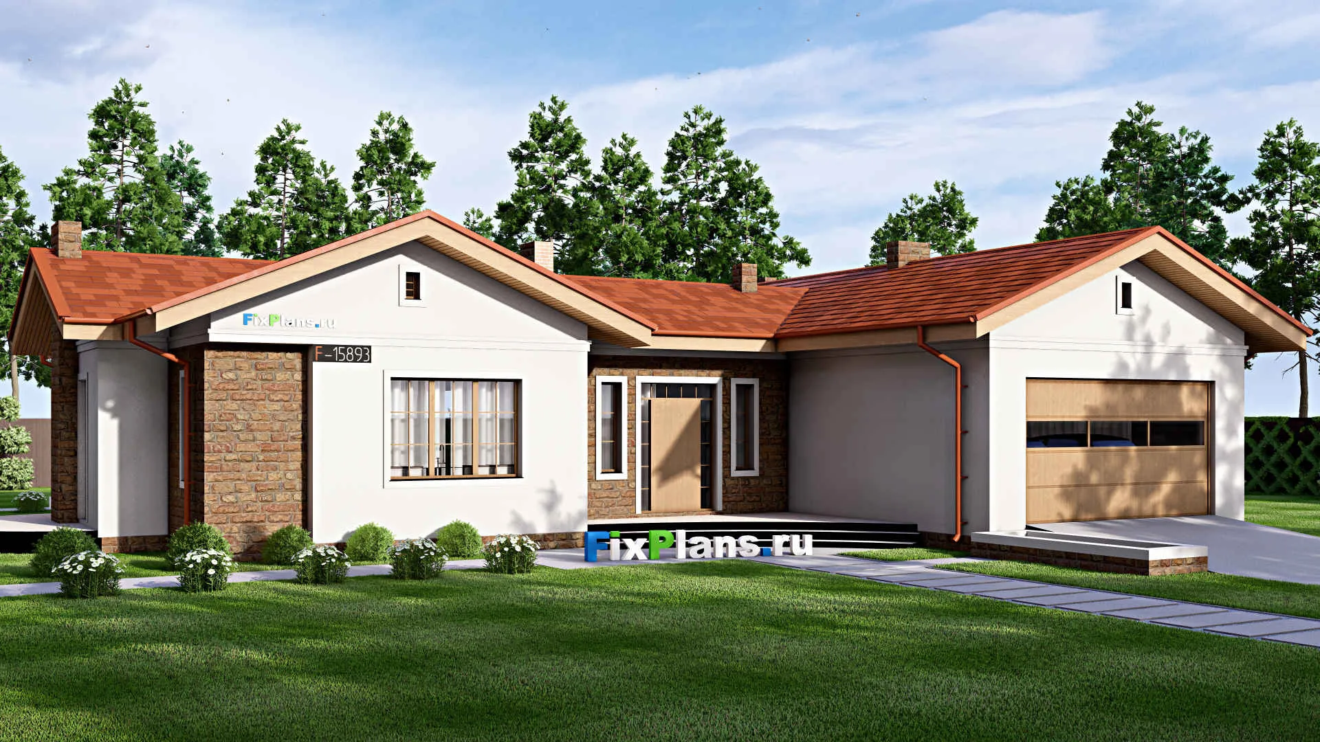 F-15893 - Проект одноэтажного дома 21 на 23, площадью 300 м² с террасой, гаражом на 1 машину и 3 спальнями