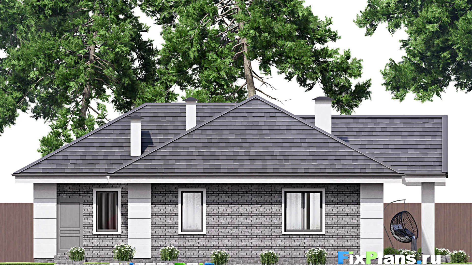 F-16136 - Проект одноэтажного дома 16 на 20, площадью 210 м² с террасой, гаражом на 1 машину и 3 спальнями