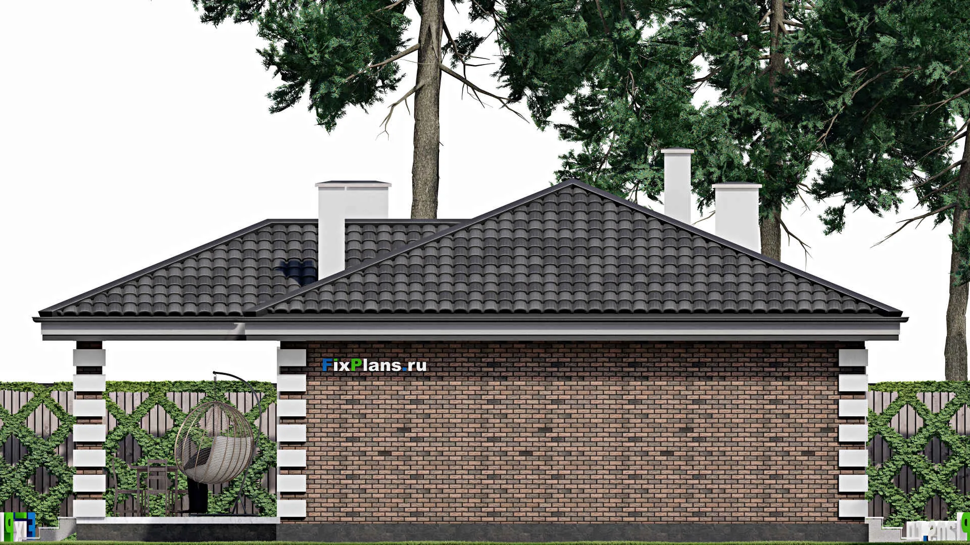 F-1169 - Проект одноэтажного дома 9 на 16, площадью 120 м² с террасой, гаражом на 1 машину и 2 спальнями