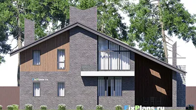 Проект дома с мансардой 16 на 18, площадью 360 м² с террасой, балконом, гаражом на 2 машины и 3 спальнями — фасад 6