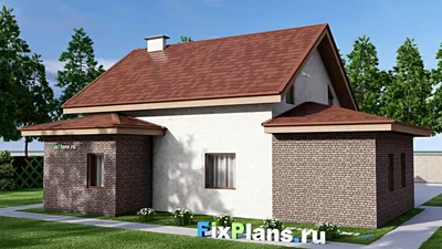 Проект дома с мансардой 13 на 15, площадью 230 м² с балконом, цокольным этажом, баней, гаражом на 1 машину и 2 спальнями — фасад 2