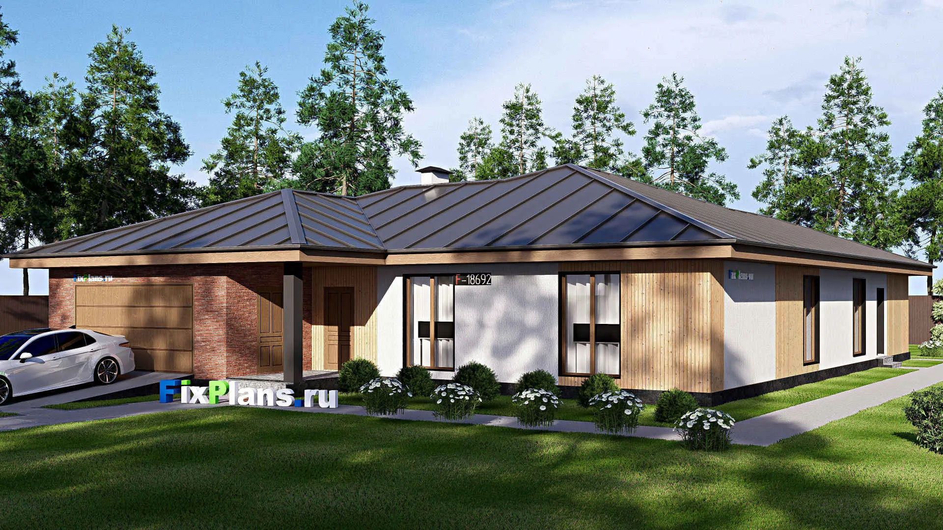 F-18692 - Проект одноэтажного дома 18 на 23, площадью 260 м² с террасой, баней, гаражом на 2 машины и 4 спальнями