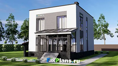 Проект двухэтажного дома 10 на 17, площадью 240 м² с террасой, цокольным этажом и 3 спальнями — фасад 2
