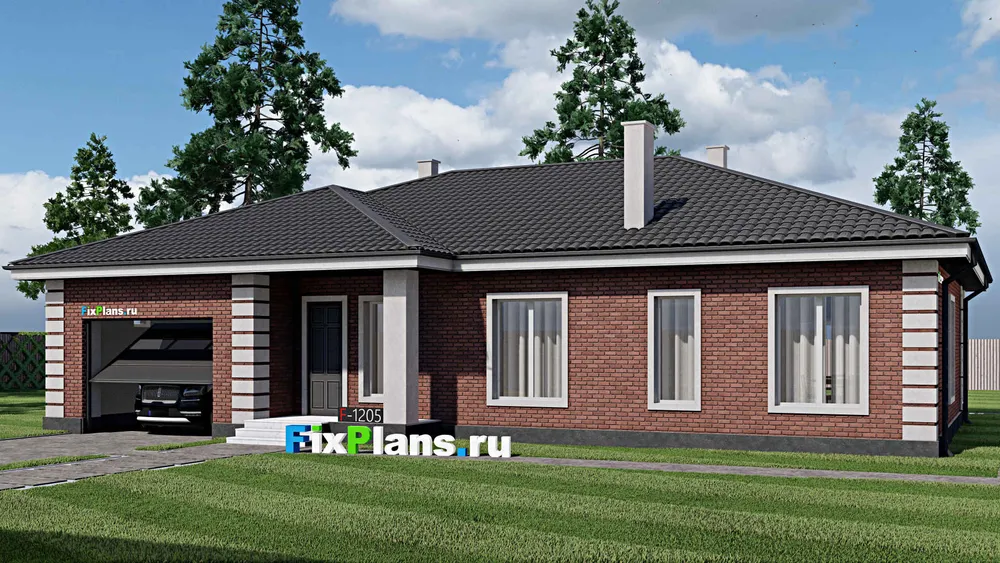Проект одноэтажного дома 17 на 19, площадью 200 м² с террасой, баней, гаражом на 1 машину и 3 спальнями — фасад 1