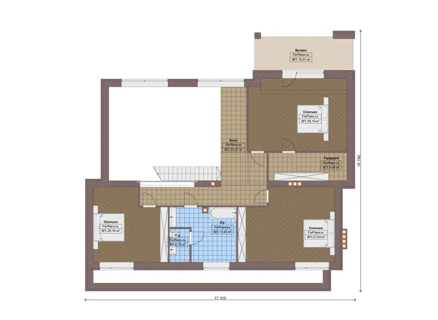 Проект двухэтажного дома 17 на 18, площадью 340 м² с террасой, балконом, гаражом на 2 машины и 3 спальнями — 2-й этаж