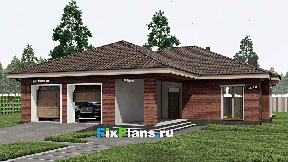 Проект одноэтажного дома 16 на 20, площадью 450 м² с террасой, гаражом на 2 машины и 6 спальнями — фасад 1