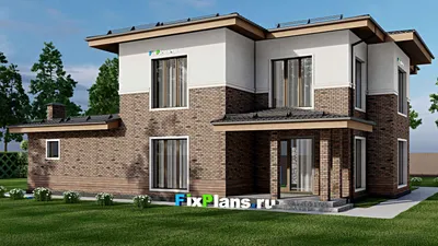 Проект двухэтажного дома 16 на 18, площадью 250 м² с террасой, баней, гаражом на 2 машины и 4 спальнями — фасад 2
