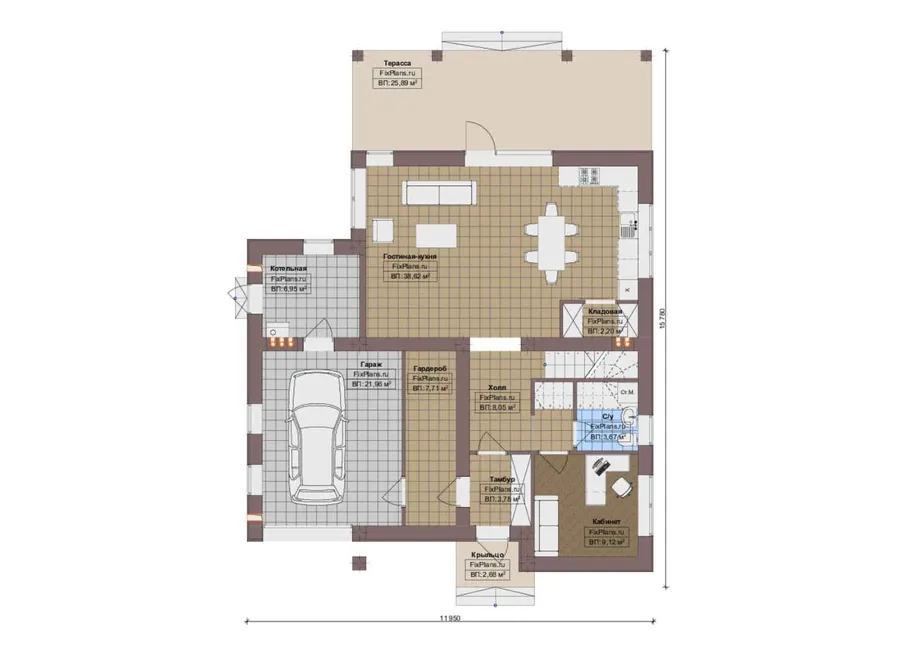 Проект двухэтажного дома 12 на 16, площадью 220 м² с террасой, гаражом на 1 машину и 4 спальнями — 1-й этаж
