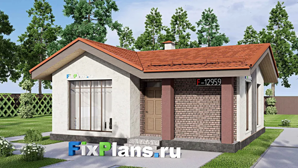 Проект одноэтажного дома 9 на 9, площадью 60 м² с террасой и 2 спальнями — фасад 1