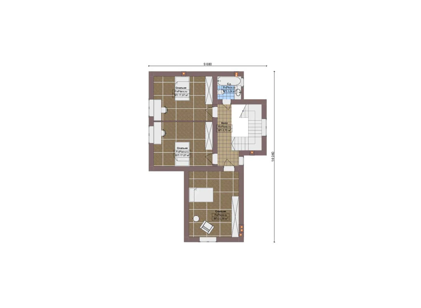 F-20366 - Планы дома с мансардой 23 на 25, площадью 340 м² с террасой, гаражом на 2 машины и 4 спальнями