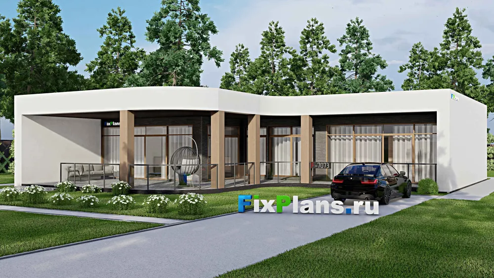 Проект одноэтажного дома 18 на 18, площадью 240 м² с террасой и 3 спальнями — фасад 1