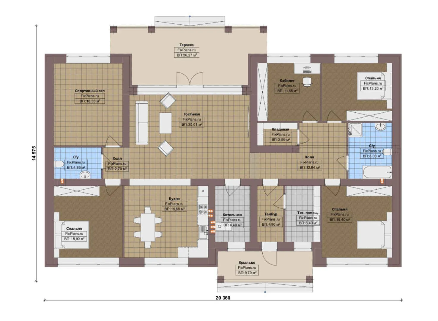 F-17747 - План одноэтажного дома 15 на 21, площадью 220 м² с террасой и 3 спальнями