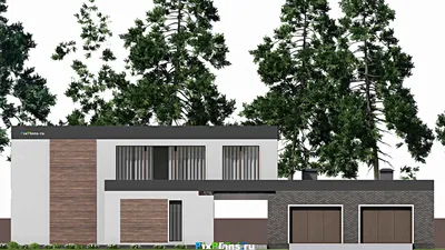 Проект двухэтажного дома 22 на 29, площадью 510 м² с террасой, баней, гаражом на 2 машины и 5 спальнями — фасад 3