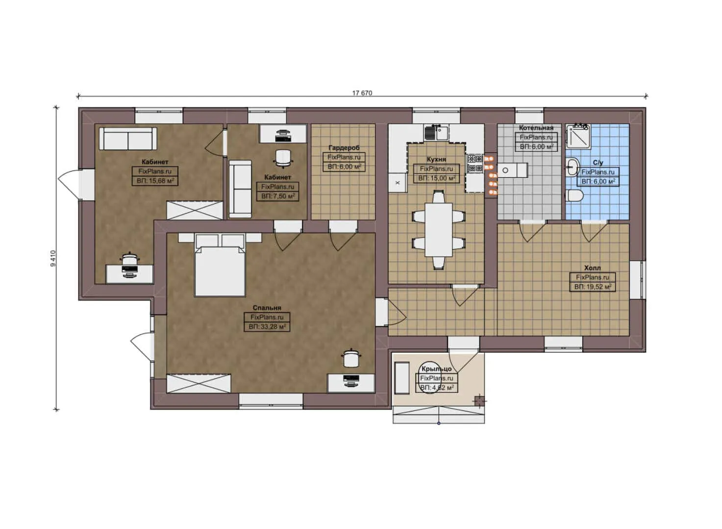 F-10502 - План одноэтажного дома 10 на 18, площадью 120 м² с 1 спальнями