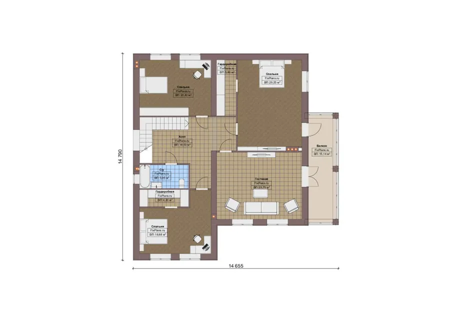 Проект двухэтажного дома 15 на 19, площадью 340 м² с террасой, балконом и 4 спальнями — 2-й этаж